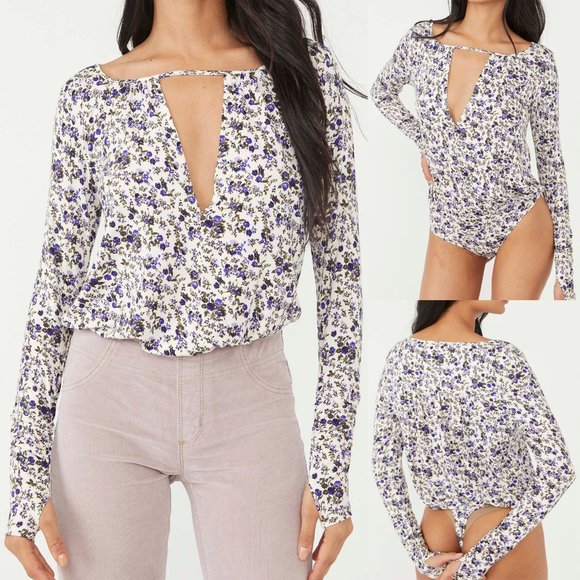 NEW Free People Intimately Soft Long Sleeves Floral Kaya Printed Bodysuit $78 S - Picture 1 of 9